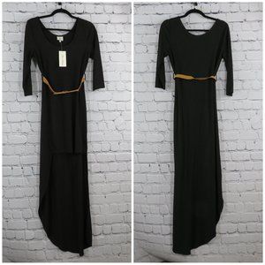 Women's Black 3/4 Sleeve Hi-Low Asymmetrical Hem Dress